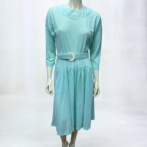Vintage 1980s Carriage Court light blue Tea Length Dress with Belt - Made in USA - Picture 1 of 11
